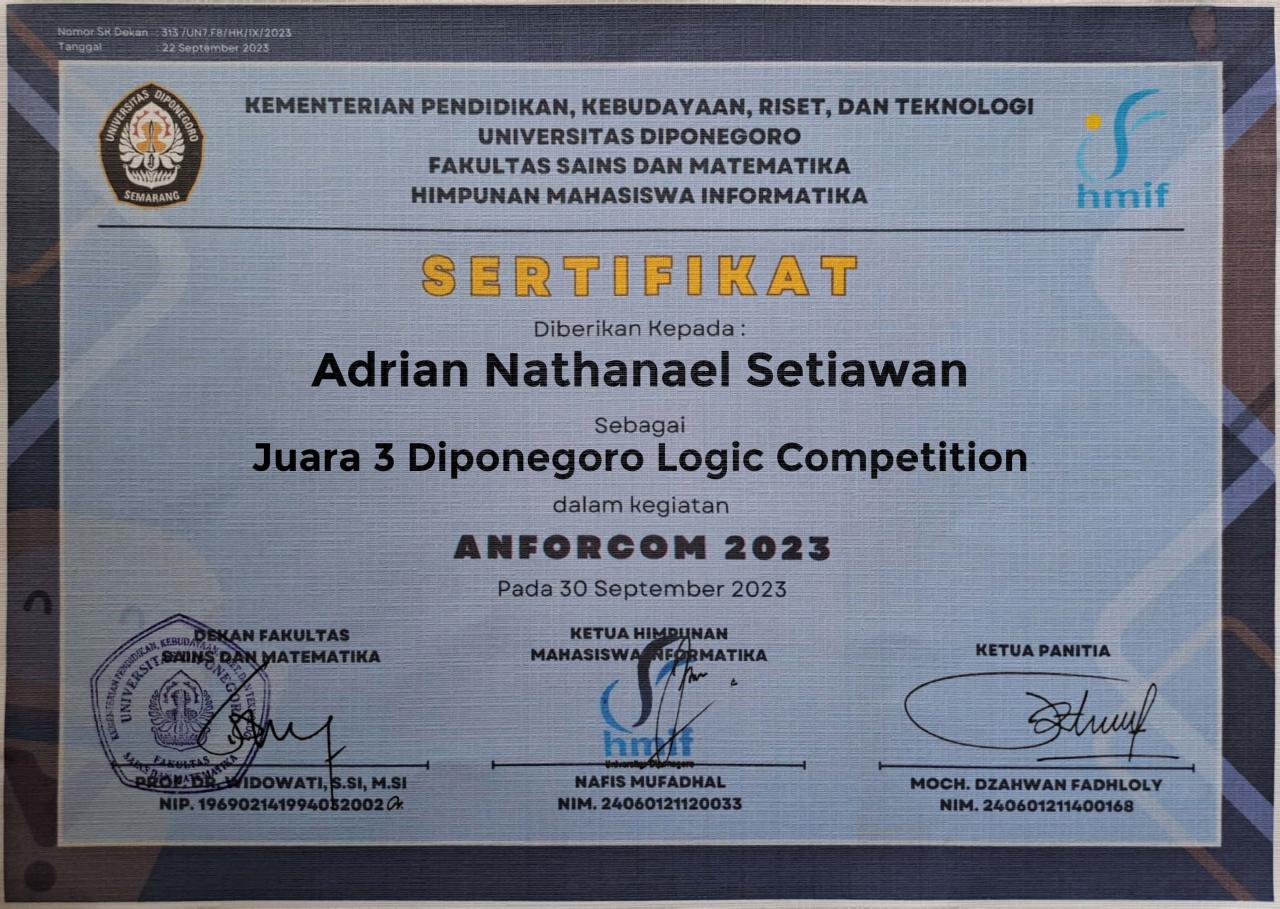 3rd Place — Diponegoro Logic Competition